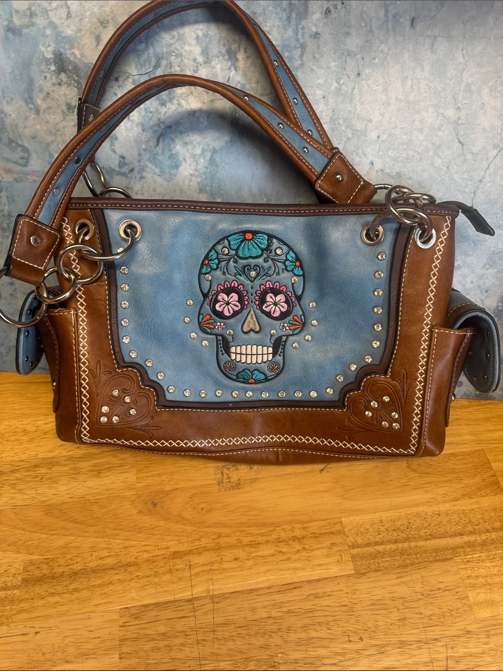 Blue and Brown Sugar Skull Shoulder Bag with Stud Detail concealed carry pocket
